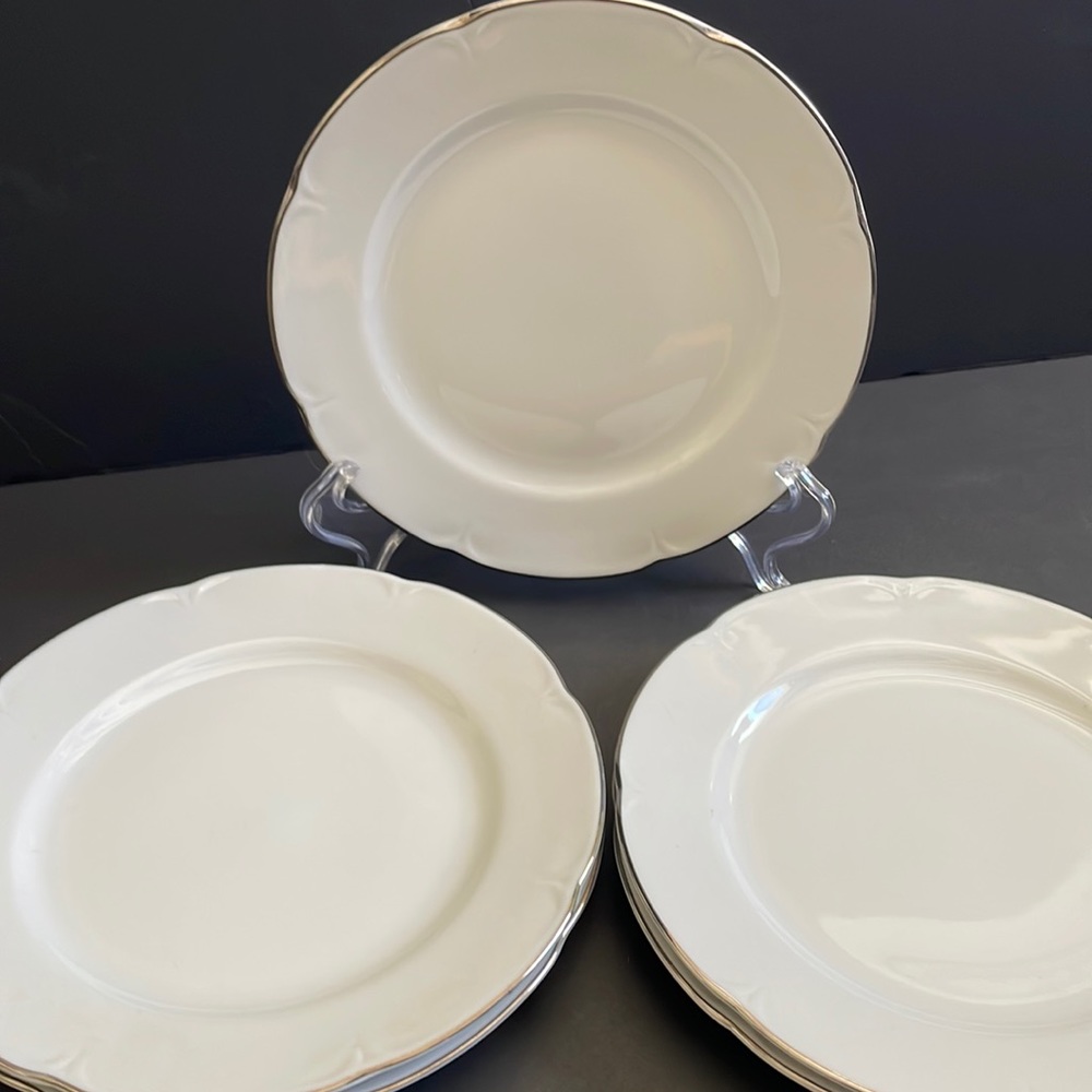 5 Jlmenau German Democratic Republic White Cake Dessert Plates Silver Rim 7.5”
